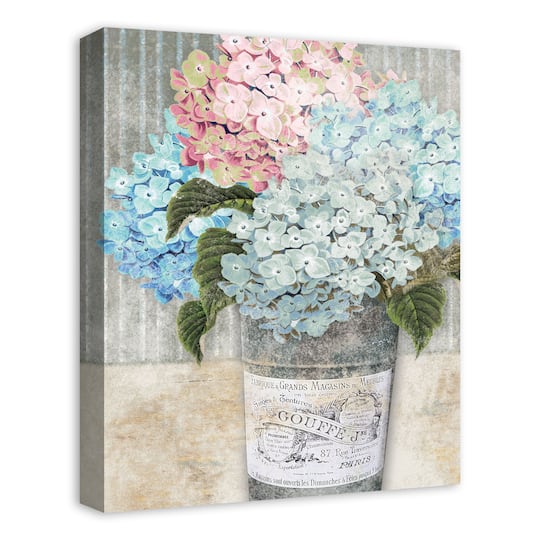 Hydrangeas In Bucket 16" x 20" Canvas Wall Art